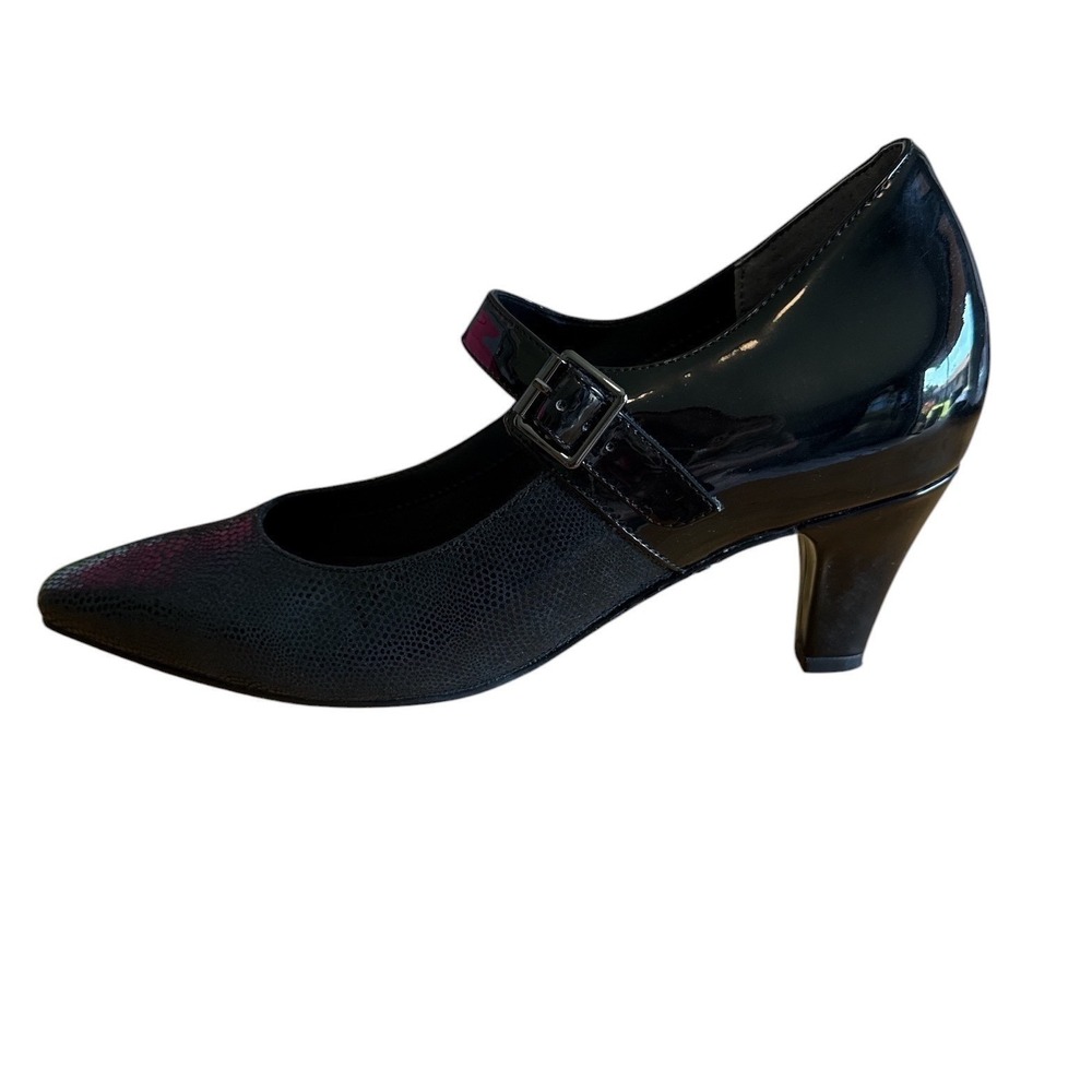 Ros Hommerson Black Patent Leather Lizard Mary Jane Low Block Pumps 7.5N‎ Narrow - Picture 8 of 15
